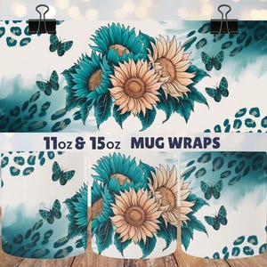 Teal Sunflower Leopard Print Mug Wrap PNG, Wild Boho Butterfly Sublimation Design, 11oz & 15oz Digital Download, Commercial Use