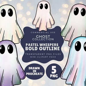 May include: A digital illustration featuring five pastel-colored ghost figures with bold outlines and large black eyes. The image includes text that reads "Ghost Collection," "Pastel Whispers Bold Outline," and "Transparent PNG Files." The design is labeled as "Drawn in Procreate" and includes "5 PNG."