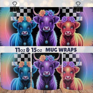 Colourful Neon Highland Cow Mug Wrap | Floral Cows Sublimation Design | 11oz & 15oz Digital Download | Rainbow Cattle Farm Animal