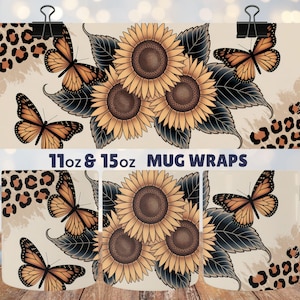 Leopard Sunflower Mug Wrap PNG, Monarch Butterfly Sublimation Design, 11oz & 15oz Digital Download, Commercial Use