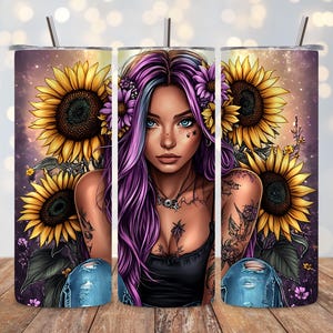 20oz Tumbler Wrap | Instant Download | Sunflower Tattooed Girl PNG | 300dpi | Commercial Use | Boho Floral Art