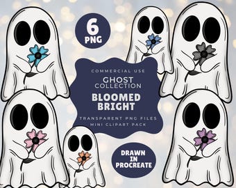 Flower Ghost Clipart Pack | 6 PNG Pastel Floral Ghosts | Commercial Use | Cute Halloween Digital Stickers | Hand Draw | Spooky Art