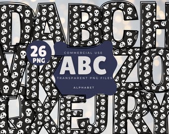 May include: A set of 26 alphabet letters in uppercase, each letter is a black and white skull pattern. The letters are outlined in black and have a white background. The text "26 PNG" and "COMMERCIAL USE" is visible in the image. The text "ABC TRANSPARENT PNG FILES ALPHABET" is also visible in the image.