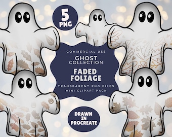 Set di clipart di fantasmi / 5 PNG trasparenti / Fantasmi di foglie autunnali / Elementi di Halloween / Stampa autunnale / Uso commerciale / Download digitale