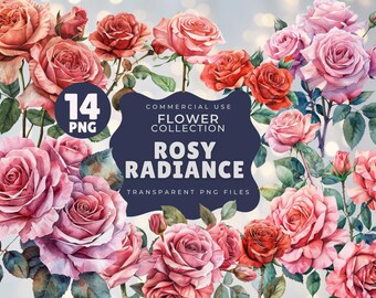 Pacote de Clipart de Rosas Rosas | 14 PNGs de Alta Resolução | Sublimação | Licença Comercial | Download Instantâneo