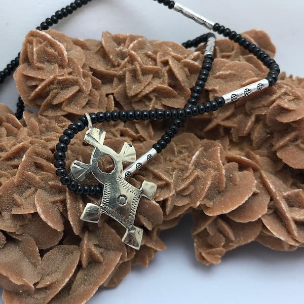 Ethnic Tuareg Cross Necklace: Silver & Brass, 45cm