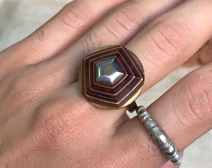 ethnique bague ebony touareg fait a main argent et bronze et bois d'ébène