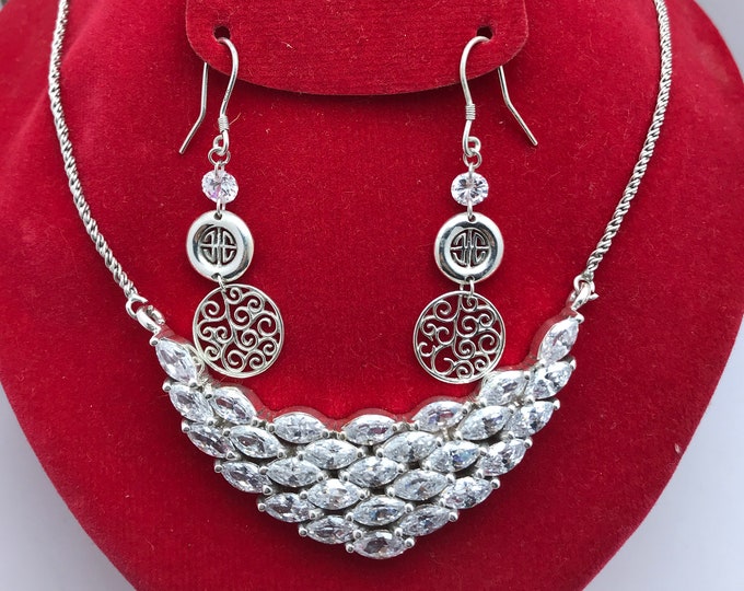 neklace silver 925 Faux Diamond Jewelry Set with earrings silver,zircon bead