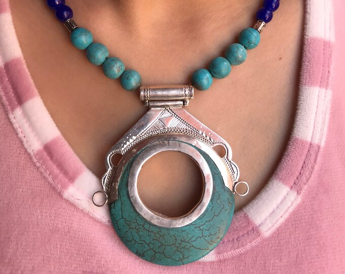 TUAREG silver necklace turquoise eye , ethnic siver necklace tribal