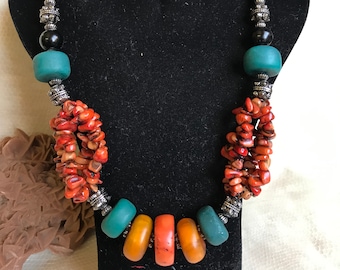 Collier marocain Vintage perles corail et amazonite Afrique ethnique collier