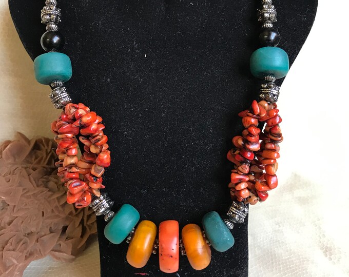 Collier marocain Vintage perles corail et amazonite Afrique ethnique collier