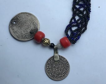 Antique Saudi Silver Coin Pendant: Ethnic Glass Bead Necklace