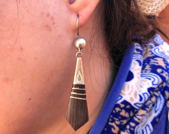 Hand Etched Ebony Tuareg Silver Earrings: Berber Boho Jewelry