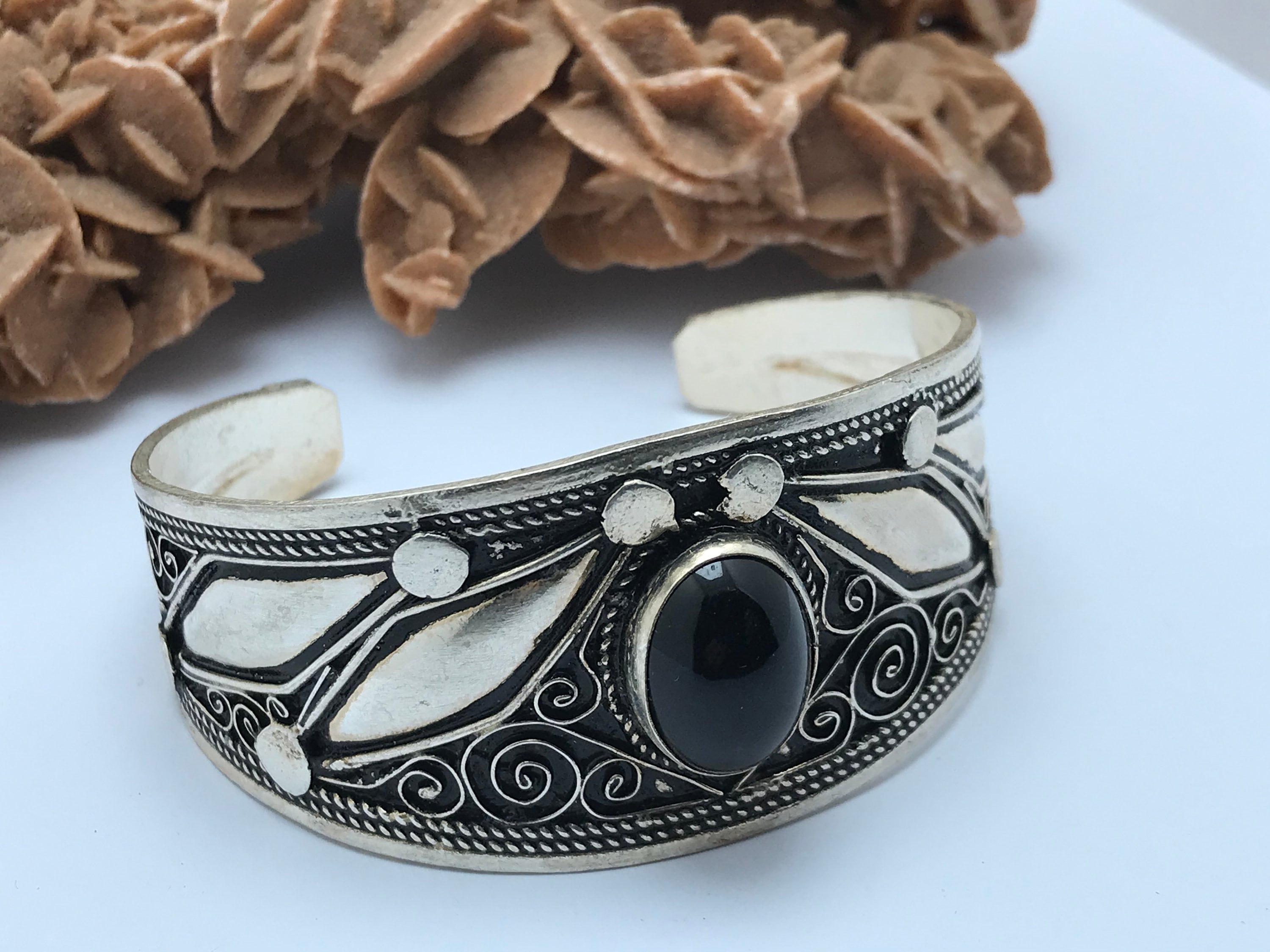 Manchette Bracelet Argent Avec 1 Pierre Onyx Noir Solide -  Sweden