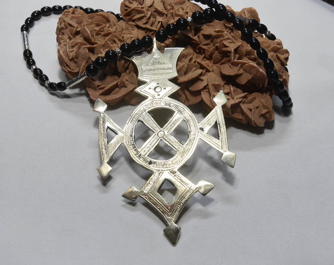 Handcrafted Tuareg Silver Southern Cross Necklace - Tchintabaraden Design with Onyx Beads