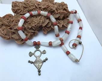 Berber Coral Necklace: Antique Silver Cross, Ethnic Jewelry