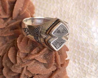 Engraved Silver Touareg Ring: Geometric Boho Tribal Jewelry