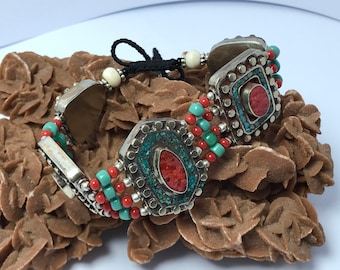 Tibetan Silver Coral Bracelet: Lapis Lazuli Ethnic Tribal Jewelry