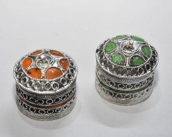 Set of 2 Vintage Box Style Silver Filigree and enameled Trinket Boxes