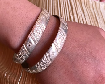 Pair of Handmade Berber Silver Bracelets: Moroccan Engraved Jonc Bangles