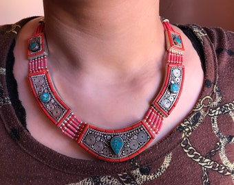 Coral Turquoise Tribal Necklace: Tibetan Silver Berber Style