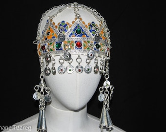 Berber Headdress , "TAOUNZA" Berber Head Ornament Plated silver, enamel, and glass beads - Tiznit region