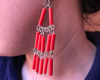 Tuareg Silver Dangle Earrings: Berber Red Bead Jewelry