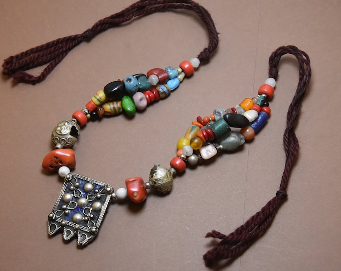 coral necklace ethnic , tribal coral necklace with silver and glass beads, berber necklace