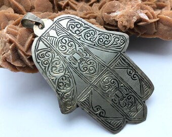 Vintage Berber Silver Hand of Fatima Pendant - Essaouira Morocco