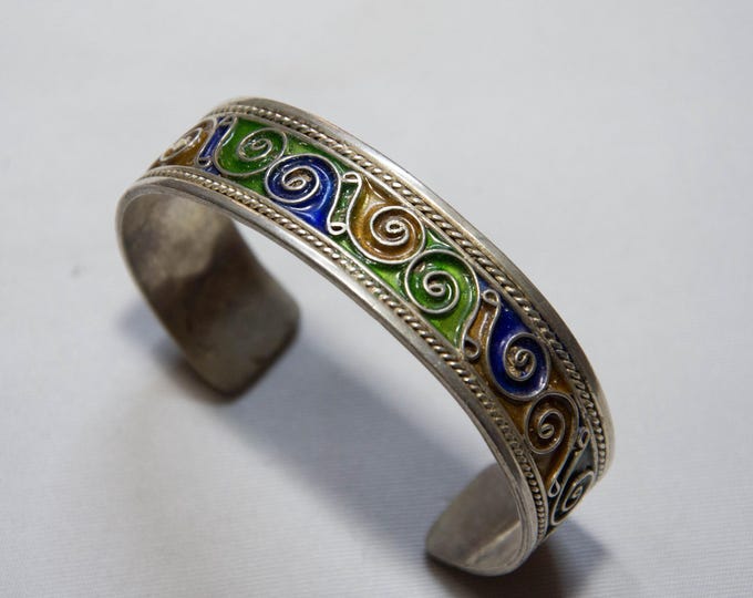 Vintage Berber Enamel Bracelet – Handcrafted Sterling Silver & Cloisonné Tribal Cuff
