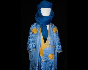 Tuareg Kleidung Gandora mit Tuareg Schal , Berber Djellaba sahraoui, Tuareg Schal , Tuareg Kleid Bleu , Tuareg blau Männer, Kaftan Herren