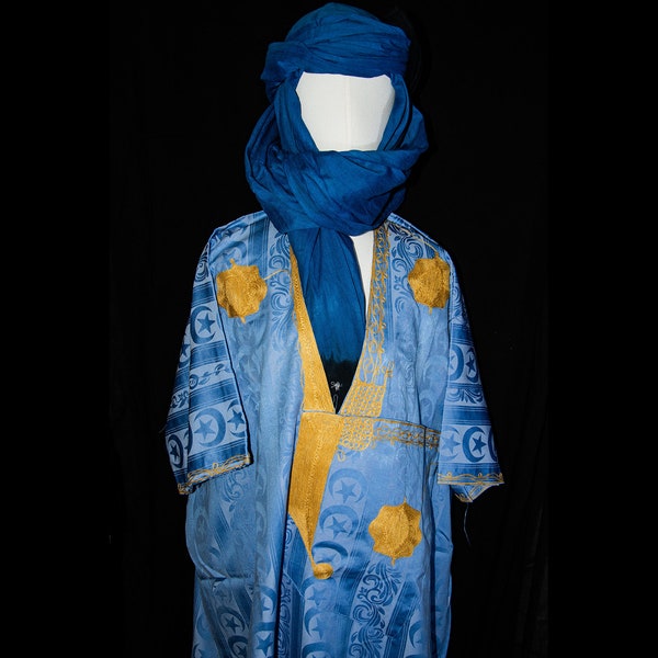 Tuareg clothing gandora with tuareg scarf , berber Djellaba sahraoui, tuareg scarf , tuareg dress bleu , tuareg blue men, kaftan mens