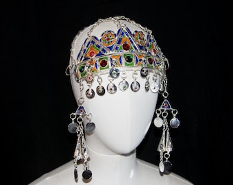 Berber Headdress , "TAOUNZA" Berber Head Ornament Plated silver, enamel, and glass beads