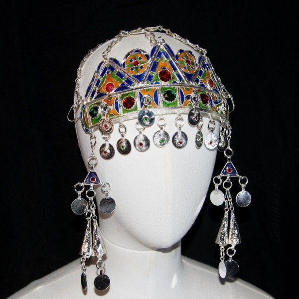 Berber Headdress , "TAOUNZA" Berber Head Ornament Plated silver, enamel, and glass beads