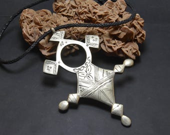 Tuareg southern cross with black beads necklace , ethnic boho necklace