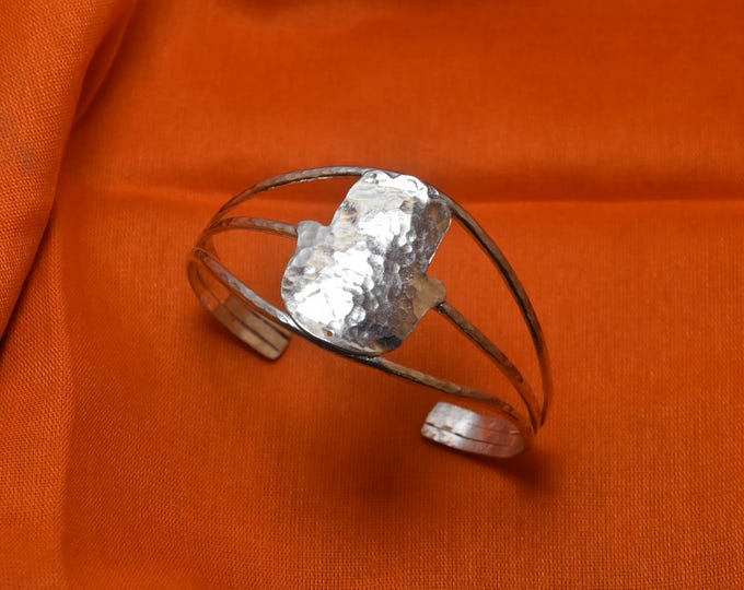 Berber Bracelet Silver Hammered , Hamsa Berber Cuff Adjustable