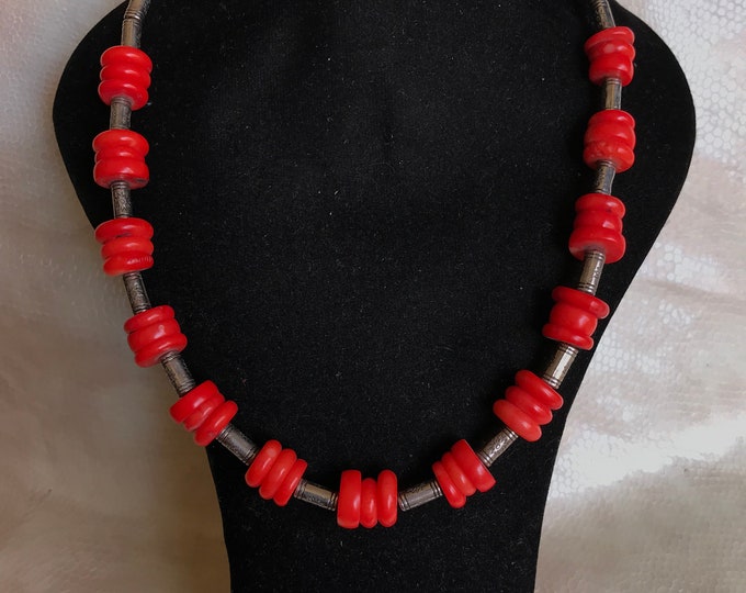 Handmade Coral Necklace: Vintage Moroccan Silver Boho Jewelry