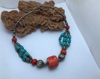 Ethnic Berber Necklace: Coral, Turquoise & Silver Tribal Jewelry