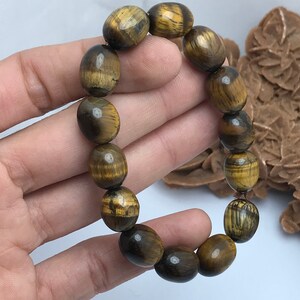 May include: A brown and gold tiger's eye beaded bracelet. The beads are oval shaped and have a glossy finish.