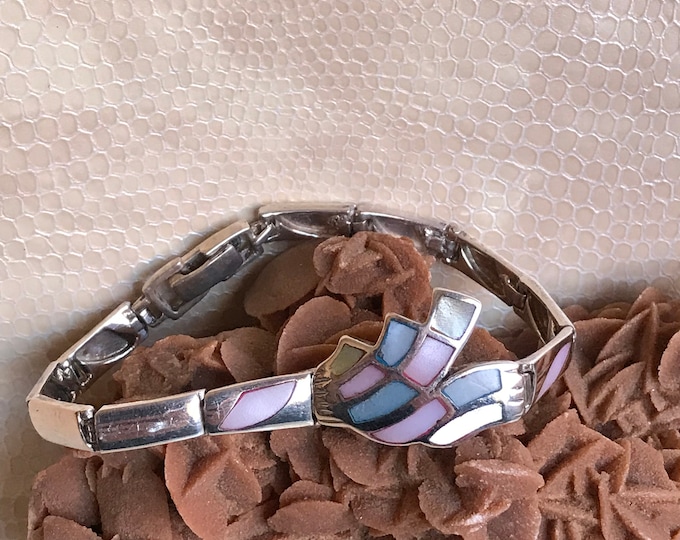 Abalone nacre Vintage Bracelet, argent Sterling, Orr signé Mexique, Chunky lien manchette Bracelet en Abalone