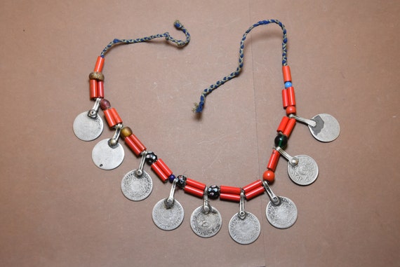 Berber Necklace: Old Silver Coins & Glass Beads, … - image 2