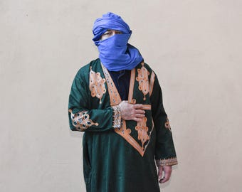Handmade Tuareg Djellaba - Authentic Moroccan Sahara Robe - Green Berber Kaftan with Scarf