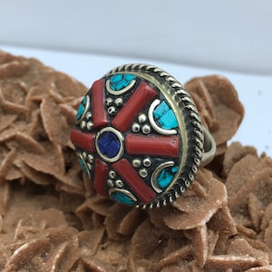 Oversized Turquoise Ring: Tibetan Coral Lapis Lazuli Boho Jewelry
