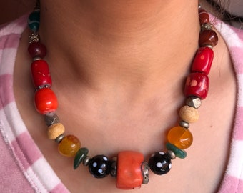 Berber Necklace: Antique Coral & Silver Ethnic Necklace, 43cm