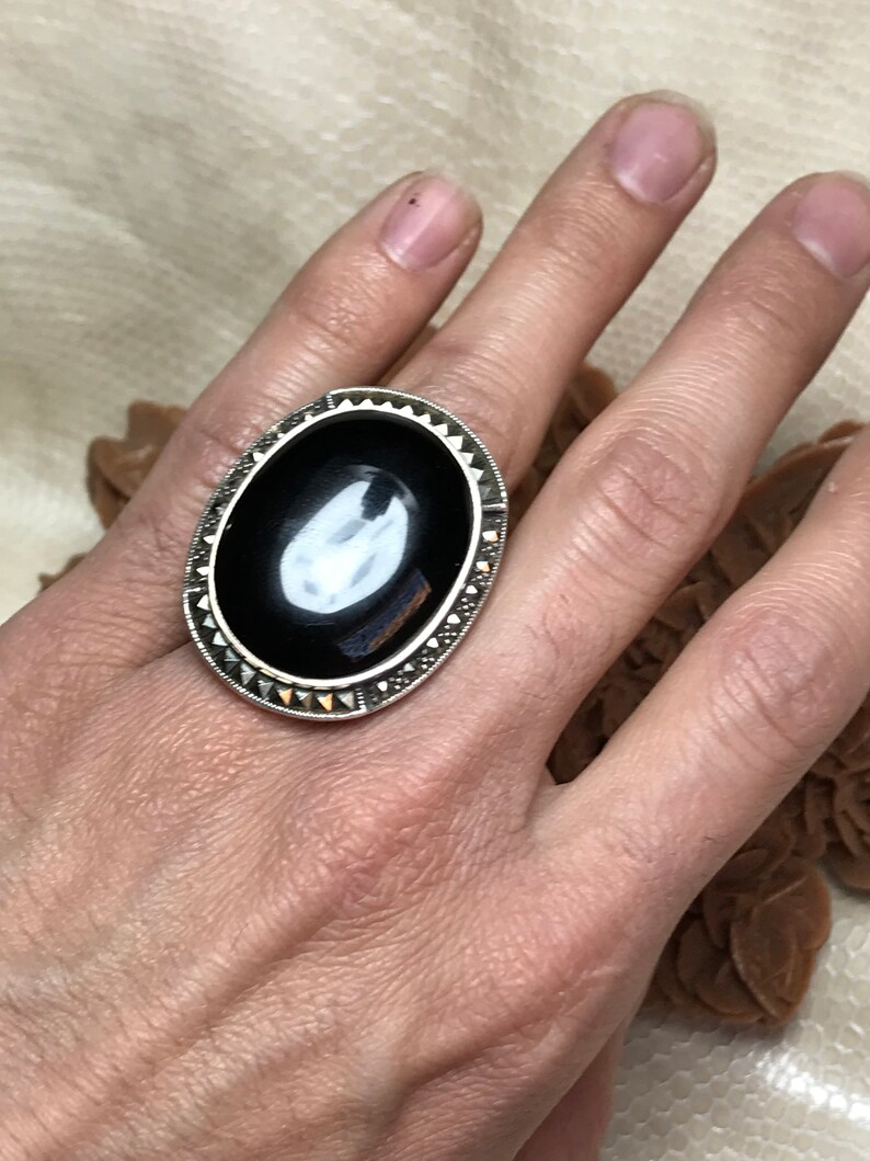 Bague Vintage En Argent 925 Avec Pierre Noire, Taille 57/58 - Jamais Portée, Ancien Stock