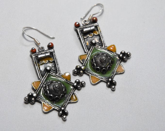 Berber Kabyle Algeria Beni Yenni original silver enamel earrings , ethnic tribal jewelry