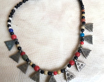 Berber Necklace: Fatima Hand Pendant, Antique Beads & Silver Dangles