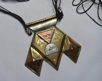 Tuareg Amulet khamsa brass and Silver on Leather Necklace- Tribal Jewelry, ethnic hamsa tuareg