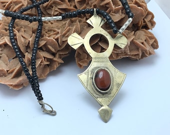 Handmade Touareg Cross Necklace: Ethnic Berber Brass Pendant