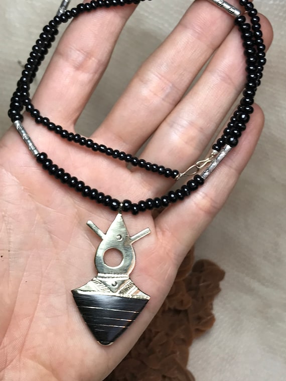 Touareg Necklace: Ebony Pendant, Sterling Silver Cross, Ethnic 